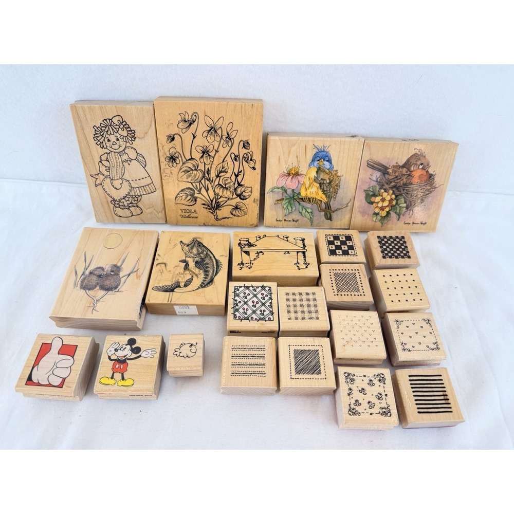 Rubber Stamp Lot Vintage Wood Mounted Stampin Up Dots Disney Mixed